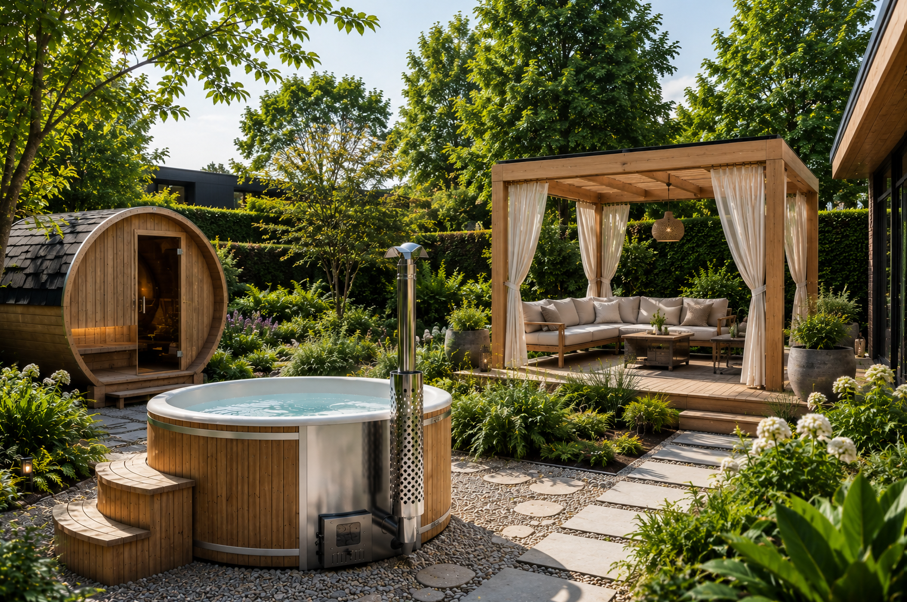 Houtgestookte hottub met pergola-lounge in de tuin bij avondlicht