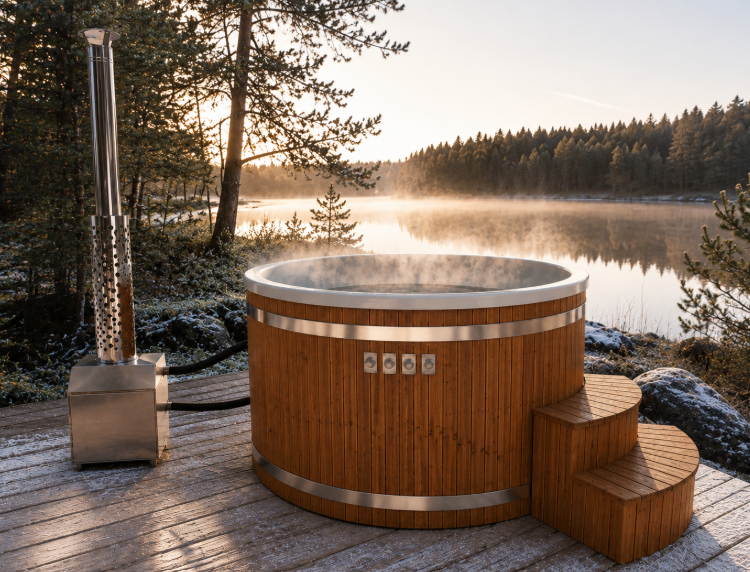 Ronde houtgestookte hottub met externe houtkachel
