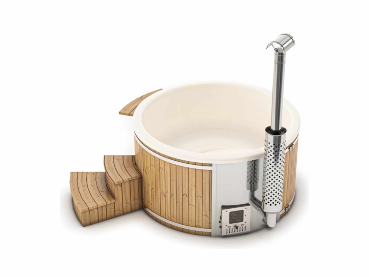 Ronde houtgestookte hottub met interne houtkachel en trapje