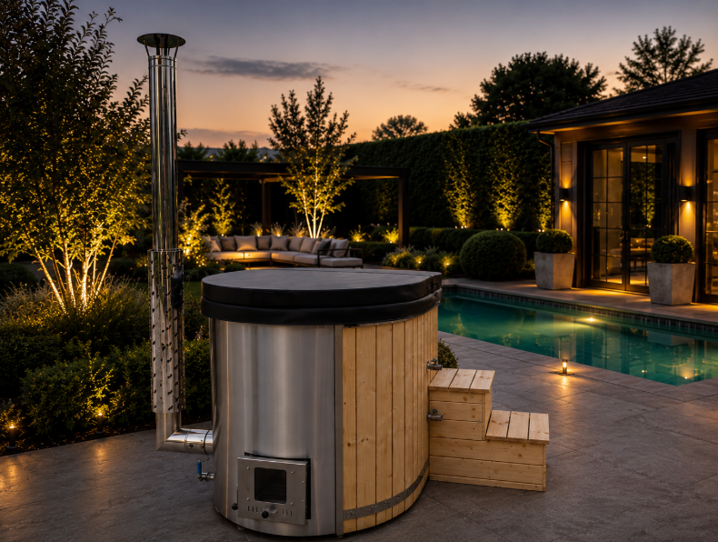 Ovale houtgestookte hottub met interne houtkachel