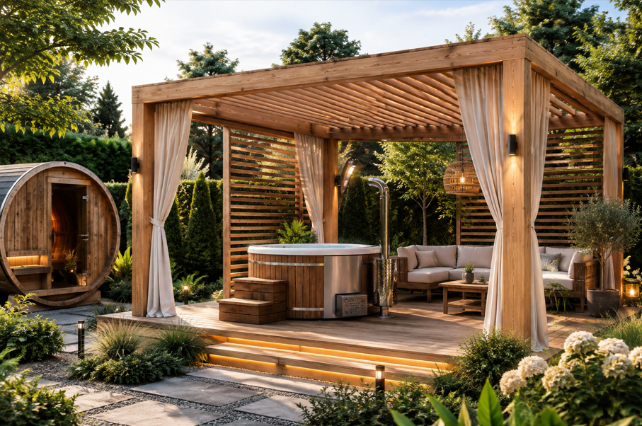 Hottub met luxe pergola-overkapping in de tuin