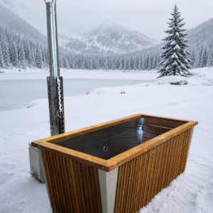 RVS Hot & Cold Bath met thermowood bekleding en houtkachel